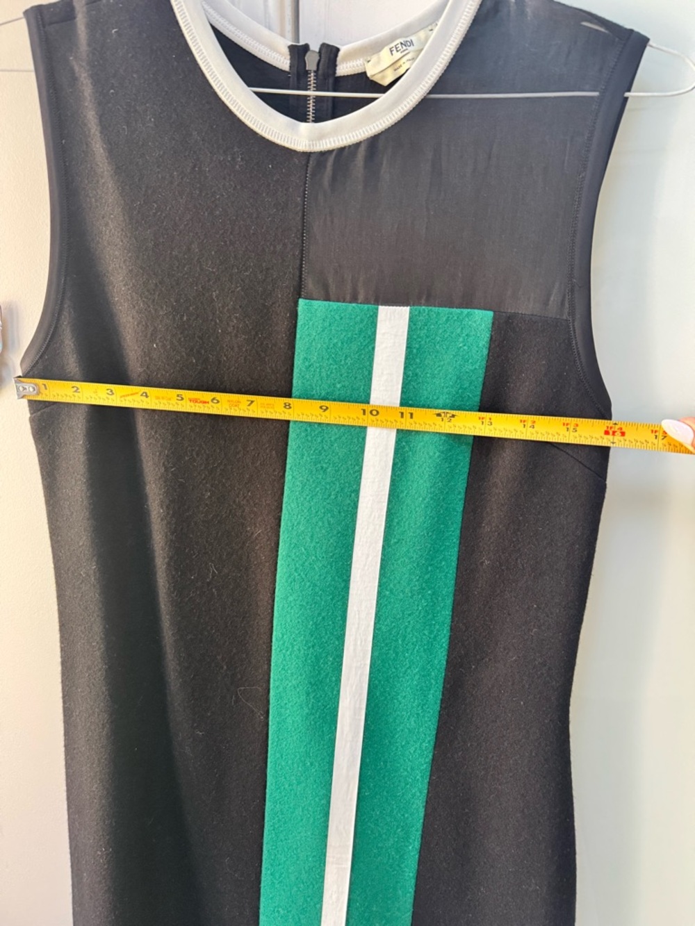 Fendi Black Mini Dress with Green and White Center Stripe and White Neck Trim - Picture 6 of 8